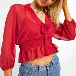 ASOS Red long Sleeve Sheer Blouse